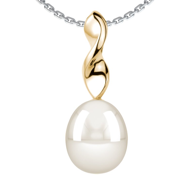 Weiße Süßwasserperlen Gelbgoldhalskette Misty Lovely, Gelbgold 750, von vorn